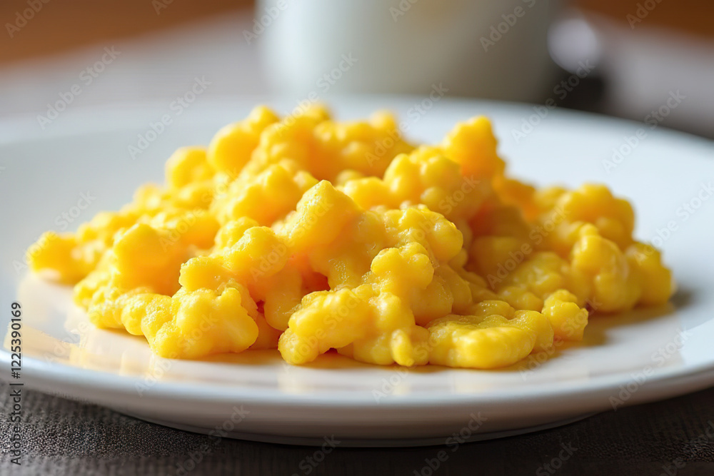 plate of creamy scrambled eggs served on white dish, showcasing soft and fluffy texture plate of creamy scrambled eggs served on white dish, showcasing soft and fluffy texture