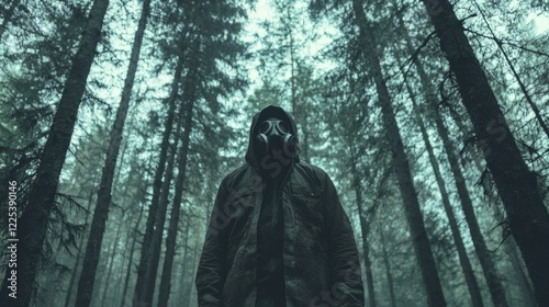 Post-apocalyptic male survivor wearing gas mask standing in dense eerie green forest with towering pine trees and hazy atmosphere photo