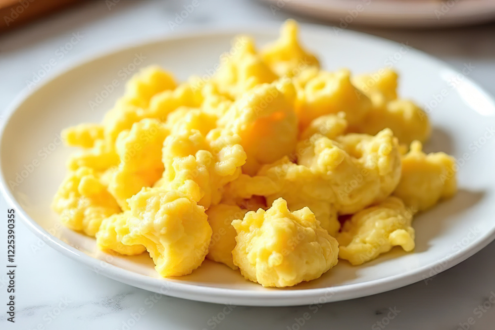 Fluffy scrambled eggs served on white plate, showcasing soft and creamy texture Fluffy scrambled eggs served on white plate, showcasing soft and creamy texture