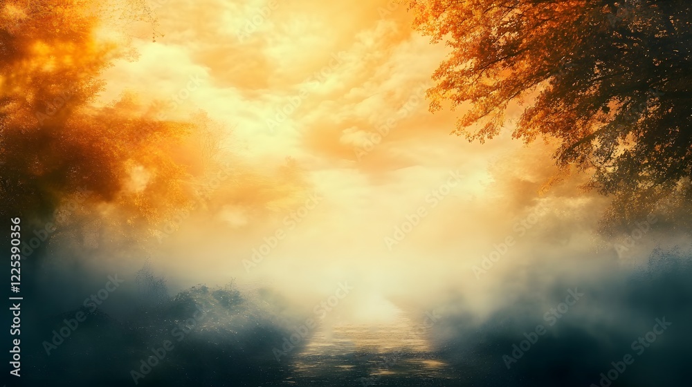Serene Misty River Scene Under Golden Hour Sunlight Serene Misty River Scene Under Golden Hour Sunlight