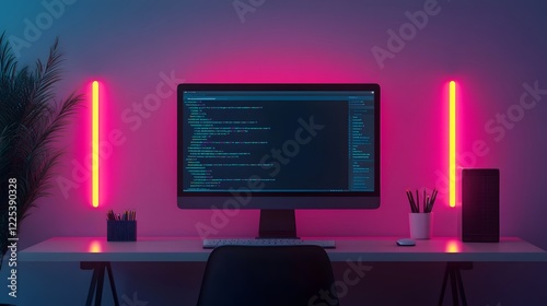 Glowing Developer Workspace with Feature Toggle Settings in 3D