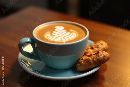 blue ceramic cup of latte with intricate latte art, served with cookies on wooden table in warm lighting