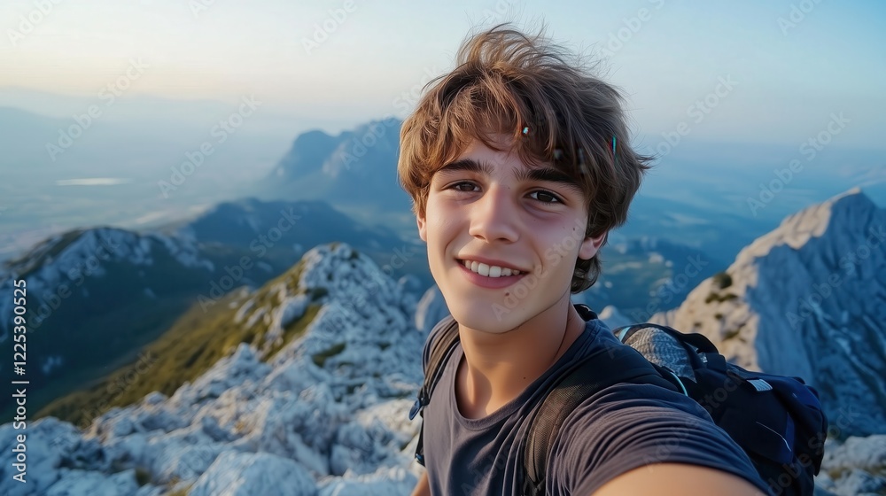 The happy face of a young hiker fills a vertical selfie, with the majestic mountain landscape unfolding behind him, showcasing the thrill of the climb. The happy face of a young hiker fills a vertical selfie, with the majestic mountain landscape unfolding behind him, showcasing the thrill of the climb.