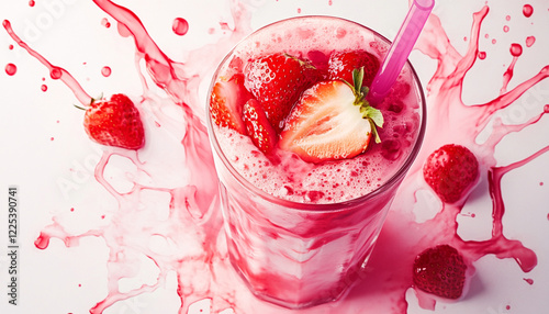 refreshing strawberry milkshake with vibrant pink splashes, garnished with fresh strawberries, evokes sense of joy and indulgence