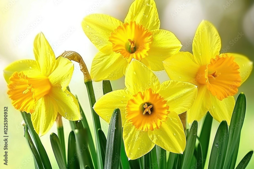 Fototapeta premium Daffodil Cluster A close-up of bright yellow daffodils blooming on a dewy spring morning
