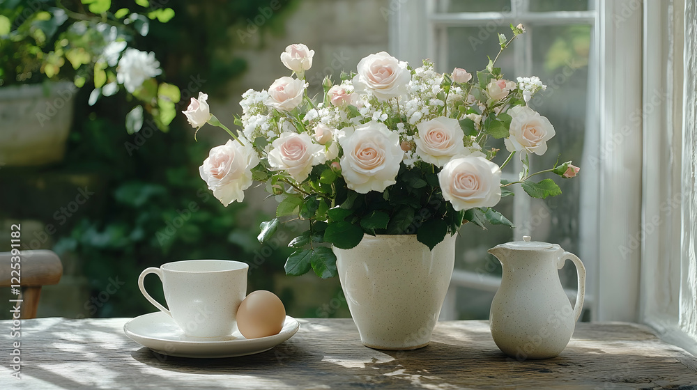 Elegant Still Life with Soft Pink Roses, Tea Cup, Egg, and Creamer in Sunlit Room Elegant Still Life with Soft Pink Roses, Tea Cup, Egg, and Creamer in Sunlit Room