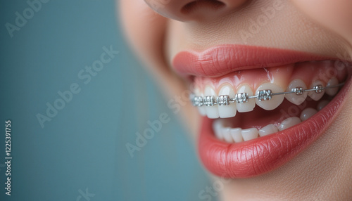 Orthodontic appliance in patient's mouth demonstrating oral care and dental health. Dental braces photo