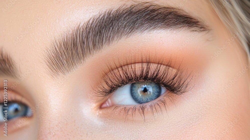 Closeup of a woman s beautiful blue eyes with natural flawless makeup and long lush eyelashes Closeup of a woman s beautiful blue eyes with natural flawless makeup and long lush eyelashes