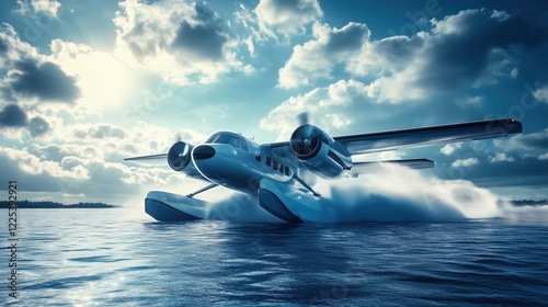 A sleek amphibious plane gracefully touches down on shimmering water.