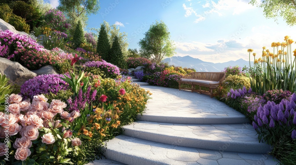 Stunning Floral Landscape with Winding Pathway Through Lush Gardens and Mountain Scenery