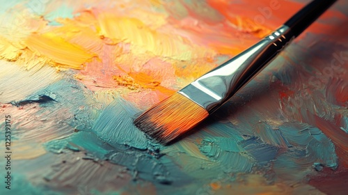 Vibrant Abstract Palette with Brush on Oil Paint Surface in Warm and Cool Tones for Creative Artistic Inspiration and Digital Design Concepts photo