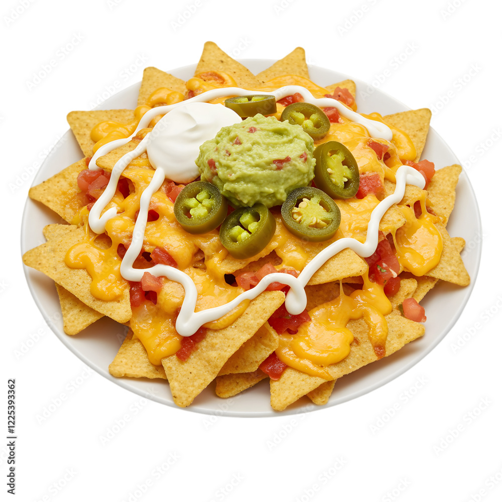 Delicious cheesy nachos with guacamole sour cream jalapenos and tomato pieces on a white plate for a Mexican appetizer or snack Delicious cheesy nachos with guacamole sour cream jalapenos and tomato pieces on a white plate for a Mexican appetizer or snack