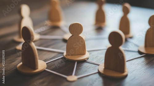 Wooden figurines representing people connected by strings on a dark wooden table, illustrating business networking and teamwork concepts.