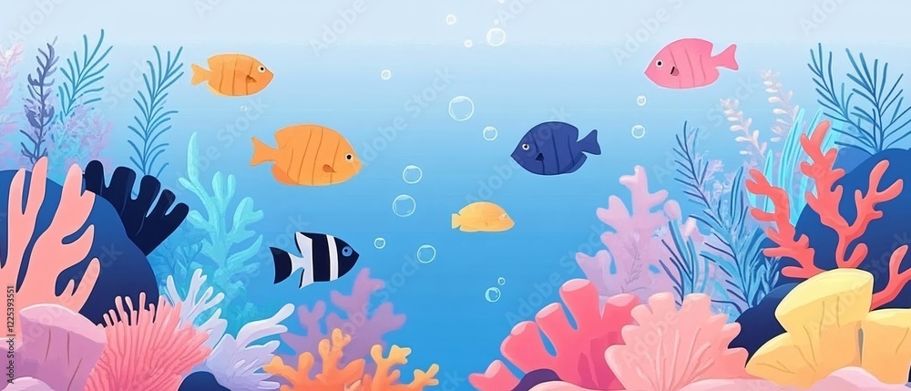 Naklejka premium Vibrant Tropical Fish Swimming Among Colorful Coral Reef - Underwater Marine Life Exploration and Photography Concept