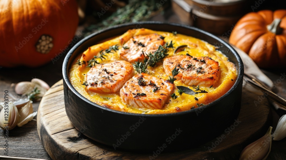 Creamy Pumpkin Soup Baked with Salmon Fillets and Fresh Herbs in Rustic Black Bowl with Pumpkins and Garlic on Wooden Table