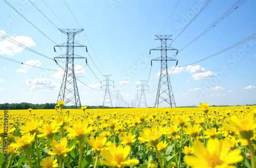 Electricity pylons in a field of rape seed flowers in full bloom on a sunny day. -
