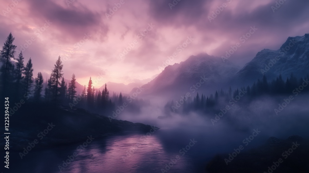 The foggy forest and gentle river below add mystery and beauty to the majestic mountains glowing under the warm hues of sunrise. The foggy forest and gentle river below add mystery and beauty to the majestic mountains glowing under the warm hues of sunrise.