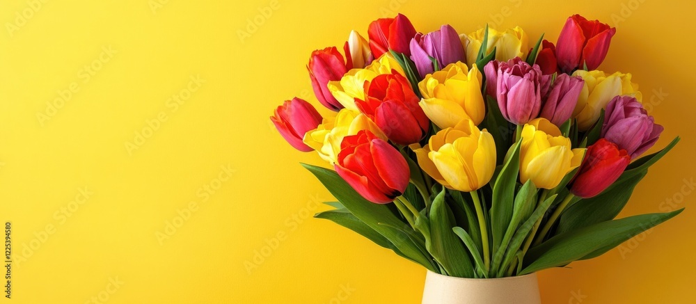 Vibrant Spring Flower Bouquet of Red, Yellow, and Purple Tulips against Bright Yellow Background with Copy Space for Text in Celebration Mood Vibrant Spring Flower Bouquet of Red, Yellow, and Purple Tulips against Bright Yellow Background with Copy Space for Text in Celebration Mood