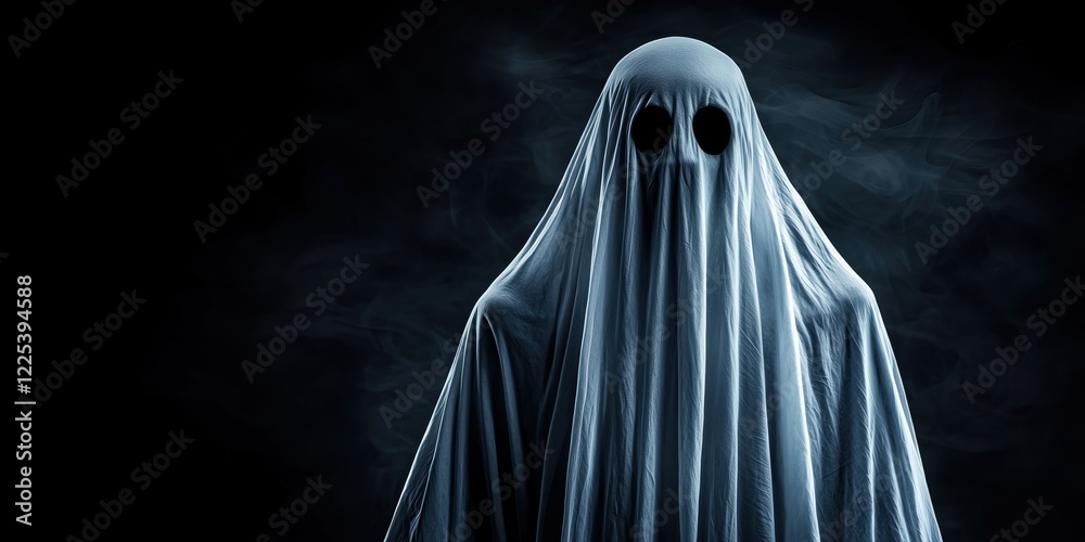 ghostly figure shrouded in white fabric dark eye sockets piercing gloom of smoky dark background ghostly figure shrouded in white fabric dark eye sockets piercing gloom of smoky dark background