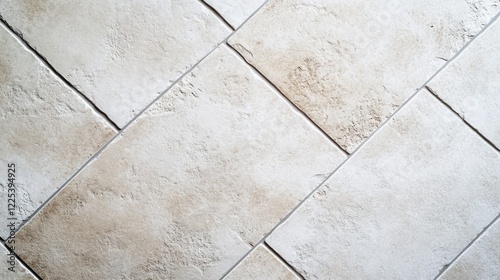 Textured white stone tile flooring arranged diagonally in a high-angle view showcasing subtle beige tones and ample empty space for text placement.