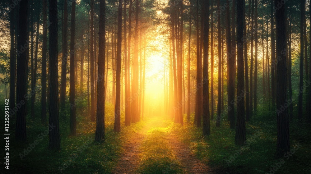 Obraz premium Serene golden forest scene at sunrise with tall pine tree silhouettes and soft light filtering through dense foliage creating a tranquil atmosphere