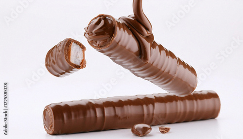 Wafers Roll covered in chocolate inside on a white background. ai generated