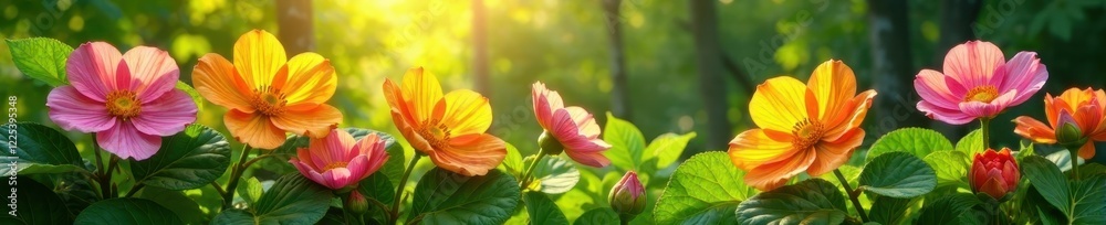 Vibrant blooming flowers, lush green leaves, sunlight dappled , macro, backdrop, beauty Vibrant blooming flowers, lush green leaves, sunlight dappled , macro, backdrop, beauty