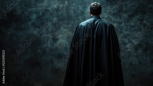 Mysterious man in black cape standing against dark textured background with ample copyspace for eerie text and dramatic ambiance
