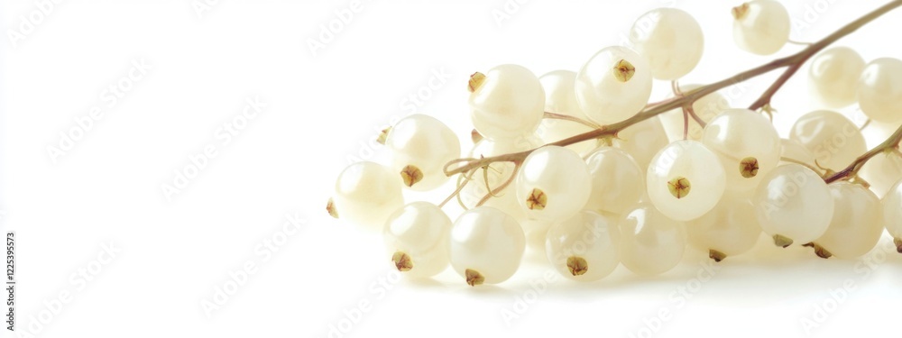 Fototapeta premium Cluster of White Berries with Delicate Stem Set Against Clean White Background Creating Minimalist Composition Ideal for Text Overlay