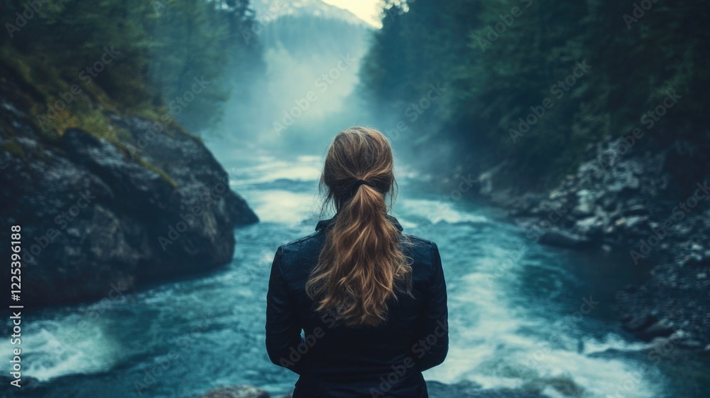 Fototapeta premium Serene woman with long brown hair standing near a calm river surrounded by lush green trees and misty mountains in the background