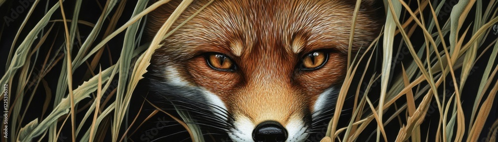Obraz premium A fox peers cautiously from behind tall grass.
