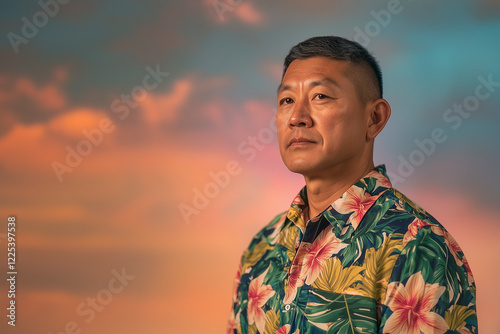 portrait of an asian man from hawaii in his 40s wearing an aloha shirt with a gradient background