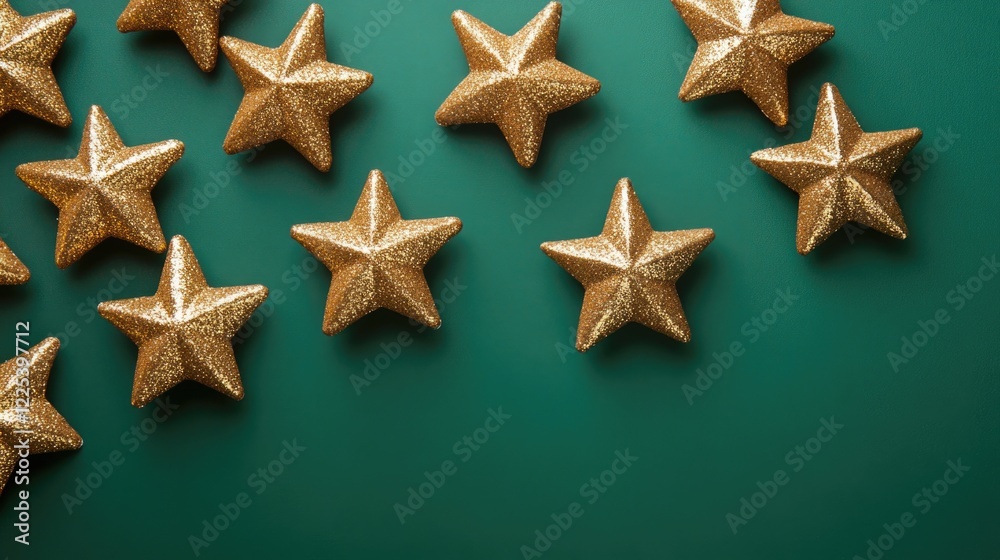 Golden Glittering Christmas Stars on Lush Green Background with Ample Empty Space for Custom Text and Festive Holiday Decor Golden Glittering Christmas Stars on Lush Green Background with Ample Empty Space for Custom Text and Festive Holiday Decor