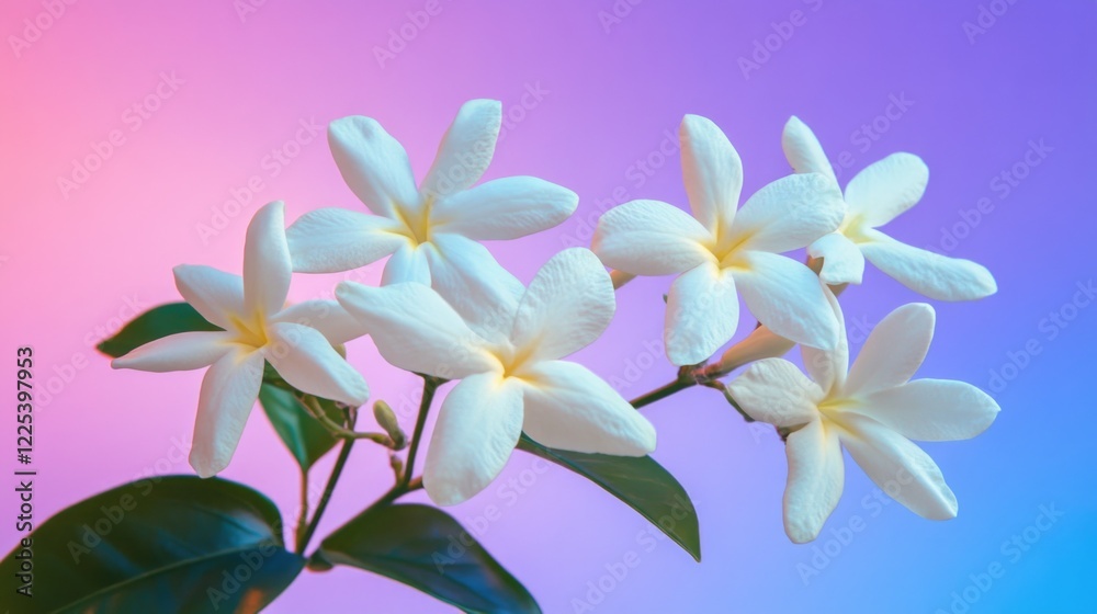 Obraz premium Close-up of delicate white jasmine flowers against a gradient purple and blue sky highlighting serene natural beauty and tranquil aesthetics
