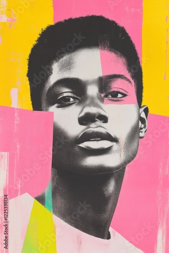 abstract shapes and patterns depicting journey through black history with vibrant hues and textured contrasts
