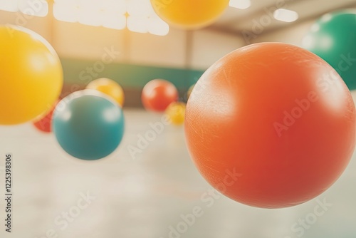 kids playing dodgeball in brightly lit gym with colorful balls flying across frame in action overall composition reflects photo