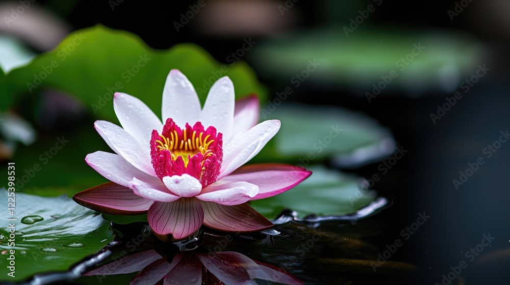 Water lily blooms on dark pond, serene garden background; nature photography for websites Water lily blooms on dark pond, serene garden background; nature photography for websites