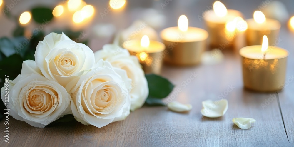Elegant table setting featuring soft ivory roses and glowing gold candles with a warm wooden background and dreamy bokeh lights for romantic ambiance. Elegant table setting featuring soft ivory roses and glowing gold candles with a warm wooden background and dreamy bokeh lights for romantic ambiance.