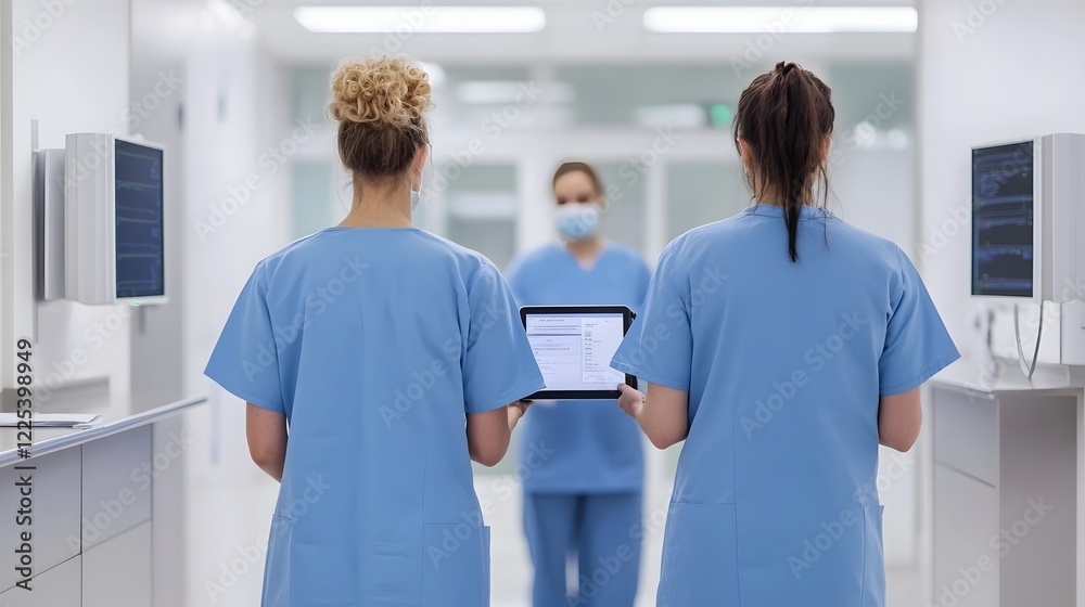 Fototapeta premium Healthcare Professionals Using Touchless Screens to Access Patient Records in a Modern Clinic