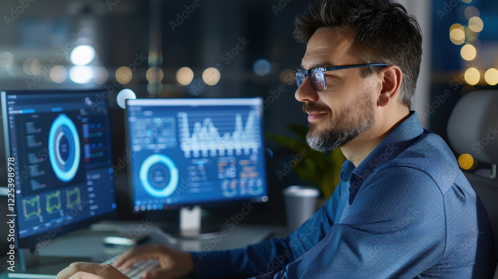 Data analyst analyzing graphs and financial trends on multiple screens in a modern office with a cityscape view. Data analyst analyzing graphs and financial trends on multiple screens in a modern office with a cityscape view.