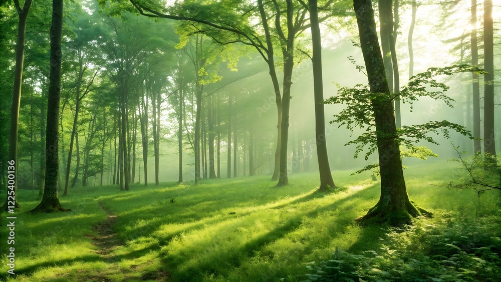 Obraz premium Serene Forest Path with Sunlight Filtering through Green Trees