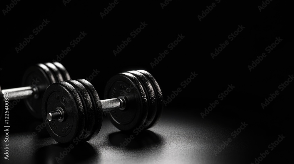 Black dumbbells positioned on a reflective surface, emphasizing fitness and strength training, conveying an athletic and powerful gym concept. Black dumbbells positioned on a reflective surface, emphasizing fitness and strength training, conveying an athletic and powerful gym concept.