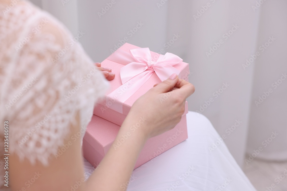 Bride with beautiful wedding gifts indoors, closeup. Space for text Bride with beautiful wedding gifts indoors, closeup. Space for text