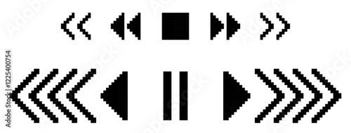 8 bit pixel art navigation icons vector set. Black arrow, play, pause, stop, media player pictogram  isolated on transparent background