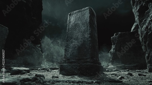 Majestic ancient stone monument in a dark gray burial ground shrouded in mist creating a foreboding and mysterious atmosphere.