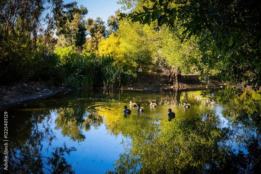 Ducklings by a Pond A group of fluffy ducklings waddling near a still pond reflecting the surrounding trees Ducklings by a Pond A group of fluffy ducklings waddling near a still pond reflecting the surrounding trees
