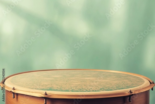 focused shot of drumhead with detailed hand-painted patterns accented by subtle highlights and shadows set against
