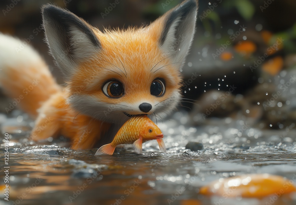 Fototapeta premium Cartoon fox catching fish.