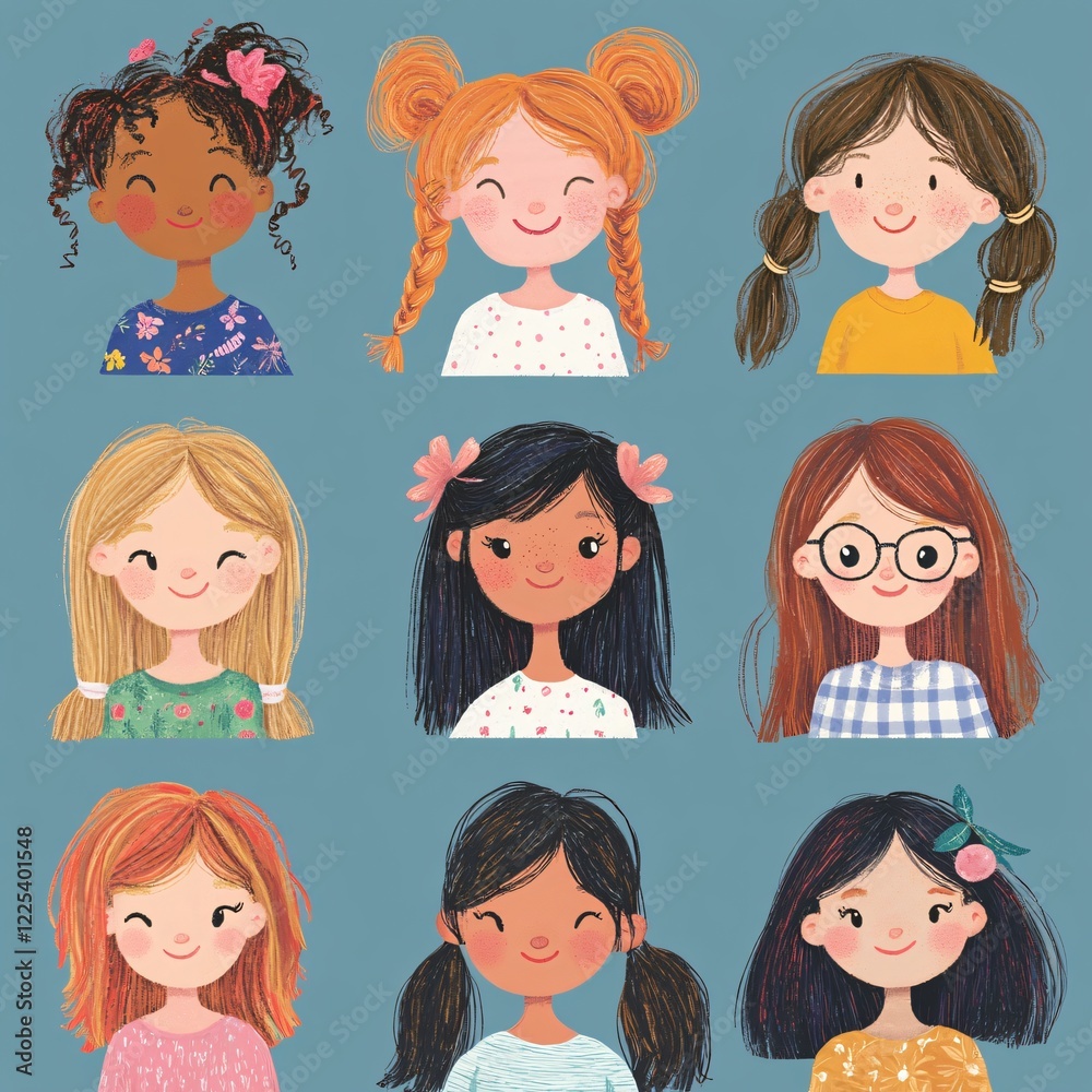 Nine Diverse Cute Girls Smiling Cartoon Headshots for Happy Friendship Concept Nine Diverse Cute Girls Smiling Cartoon Headshots for Happy Friendship Concept