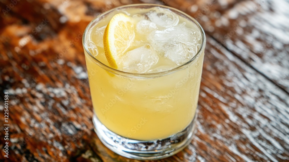 Refreshing Lemonade with Ice Cubes Garnished with Lemon Slices on Rustic Wooden Table Surface in Bright Natural Light Refreshing Lemonade with Ice Cubes Garnished with Lemon Slices on Rustic Wooden Table Surface in Bright Natural Light